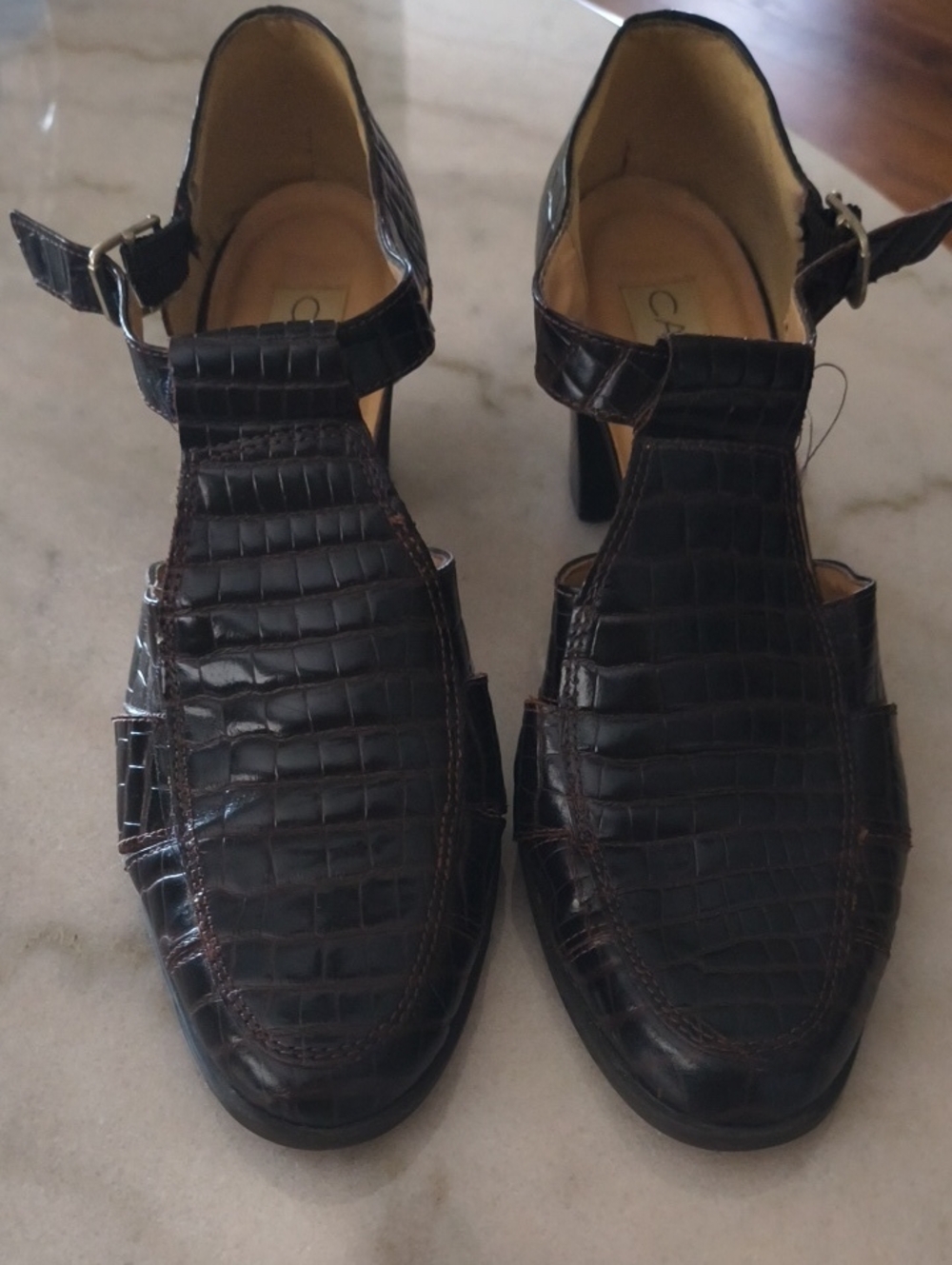 Women's Dark Brown Croc-Embossed Leather Dress Shoes with Ankle Strap